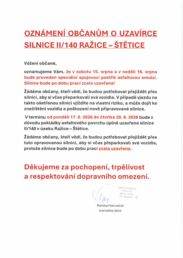 oznámení - Ražice