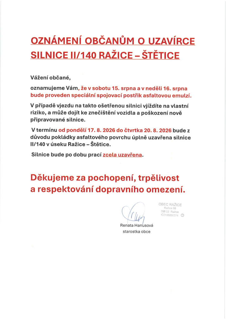 oznámení - Štětice, Humňany